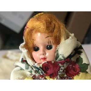 Vintage 1970 Folk Dress Doll Red Hair Allison Hong Kong Plastic Stand Kerchief